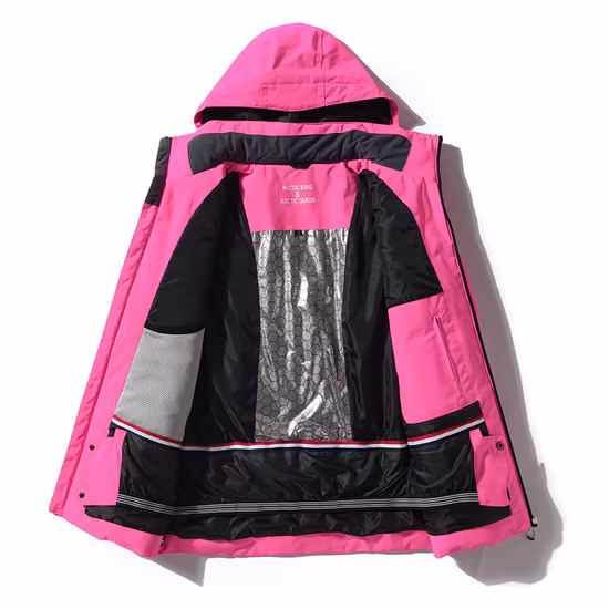 Damen-Windjacke, atmungsaktive Outdoor-Kleidung, 2-in-1-Wintersport, wasserdicht, winddicht, modische Skijacke mit Kapuze, roter Stoff
